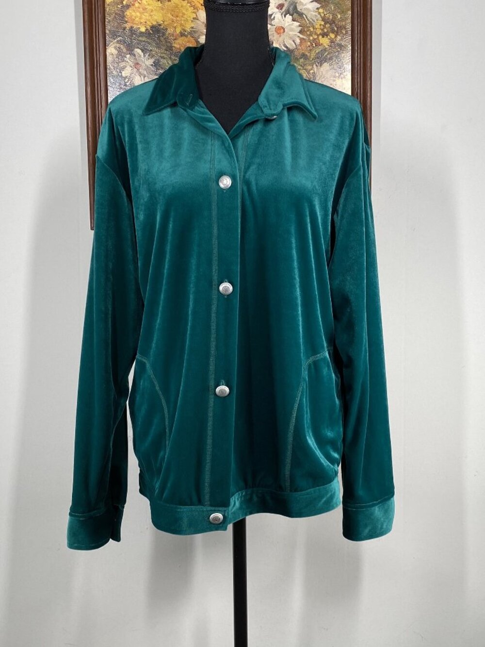 Vintage Willow Ridge Velour Button Up Shirt Top Women's Medium Emerald Green USA